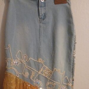Elegant Denim Pencil Skirt with Gold Embroidery